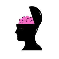 Silhouette of head. Open mind and consciousness. Psychological concept of new knowledge. Flat illustration and brain vector