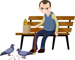 Man sits on bench and feeds pigeons. Element of Park and city. Cartoon flat illustration. Grandfather in pew. Senior with cane. Rest of pensioner. Poultry and bread crumbs vector