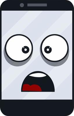 Mobile phone with sad face on screen. Broken smartphone. problem with technique. Cartoon flat illustration. Shocked and surprised, eyes and mouth. Emotions on the monitor.