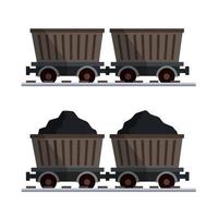 Trolley with coal. Underground transport. Mining equipment. Extraction of minerals. Heavy industry. A basket of goods on the rails. Loaded and empty railcar. Flat cartoon vector