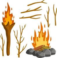 Fire and torch. Set of tree branches. Burning sticks. Campfire and objects of primitive man. Stones and wood. Cartoon flat illustration