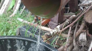 agua de lluvia que gotea de un desagüe en un balde video