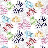 Kawaii vector seamless pattern. Cute blue smiling spider with colored legs and big eyes on background with hearts.
