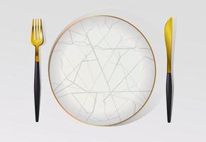 table setting gold fork and knife with black handle and porcelain plate vector