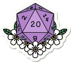 sticker of a natural 20 D20 dice roll with floral elements vector