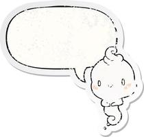 cute cartoon ghost and speech bubble distressed sticker vector