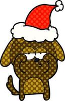 comic book style illustration of a tired dog wearing santa hat vector