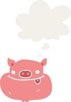 cartoon happy pig face and thought bubble in retro style vector