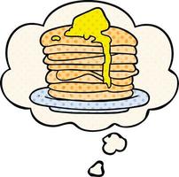 cartoon stack of pancakes and thought bubble in comic book style vector