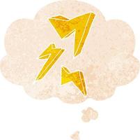 cartoon lightning bolt and thought bubble in retro textured style vector