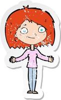 retro distressed sticker of a cartoon woman shrugging shoulders vector