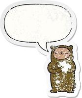 cartoon bear and speech bubble distressed sticker vector