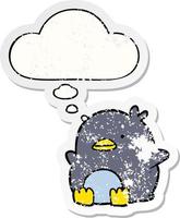 cute cartoon penguin and thought bubble as a distressed worn sticker vector