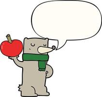caricatura, oso, y, manzana, y, burbuja del discurso vector