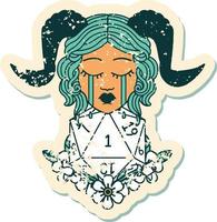 grunge sticker of a crying tiefling with natural one D20 dice roll vector