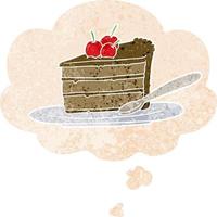 cartoon chocolate cake and thought bubble in retro textured style vector