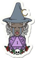 sticker of a crying elf witch with natural one D20 roll vector