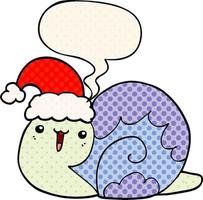 Lindo caracol navideño de dibujos animados y burbuja de habla al estilo de un libro de historietas vector