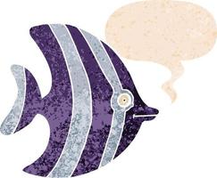 cartoon angel fish and speech bubble in retro textured style vector