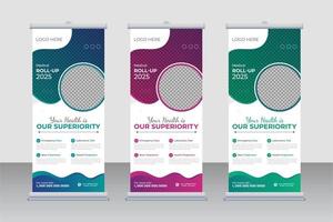 Medical roll-up banner design layout, standee signage concept layout pull-up design for business promotion with 2 color variations. vector