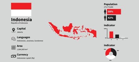 ilustración vectorial infográfica de indonesia con datos estadísticos precisos. tablero de mapa de información del país de indonesia y bandera de indonesia vector