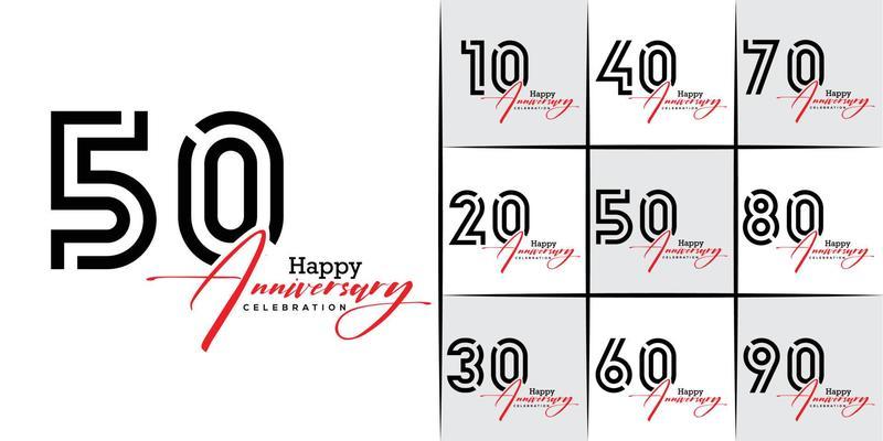 set of 10th -90th anniversary celebration emblem. Black and Red colour anniversary logo isolated . vector illustration template design for web, poster, flyers, greeting card and invitation card