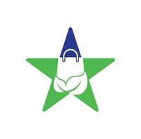 plantilla de icono de diseño de logotipo de concepto de forma de estrella de bolsa de hoja. ilustración de plantilla de logotipo de bolsa de compras orgánica de hoja verde ecológica vector