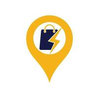 Thunder Shop map pin shape concept Logo design vector. Fast Shop Logo. Shopping Bag Combined with Energy or Lightning Bolt Icon Vector