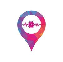 Pulse Time map pin shape concept Logo Template Design Vector. Heart beat and time logo design icon. vector