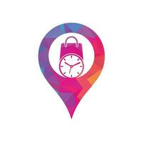 Shopping time map pin shape concept vector logo design template.