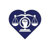 Law fist heart shape concept logo design icon. Justice Scales in Hand logo template design. Revolution justice logo concept. vector