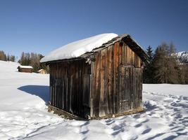 dolomites snow panorama wooden hut val badia armentara photo