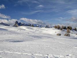 dolomites snow panorama wooden hut val badia armentarola photo