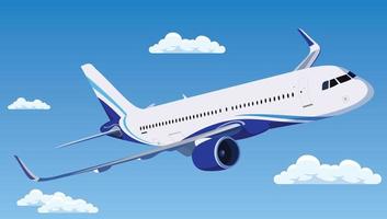 Airplane flying in sky. Jet plane fly in clouds, airplanes travel and vacation aircraft. Flight plane, airplane trip to airport or airline transportation.Flat airplane vector illustration,
