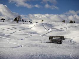 dolomites snow panorama wooden hut val badia armentarola photo