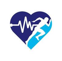 vector de icono de diseño de logotipo de concepto de forma de corazón de maratón de pulso. hombre corriendo con el icono del latido del corazón del ecg de línea.