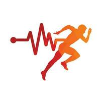 vector de icono de diseño de logotipo de maratón de pulso. diseño del logotipo de cuidado de la salud corporal. hombre corriendo con el icono del latido del corazón del ecg de línea.