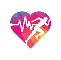 vector de icono de diseño de logotipo de concepto de forma de corazón de maratón de pulso. hombre corriendo con el icono del latido del corazón del ecg de línea.