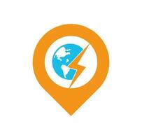 Globe and thunder vector logo icon template. Thunder world map pin shape concept vector logo template.