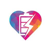 Power Battery heart shape concept Logo Design Template. Battery power and flash lightning bolt logo icon. vector