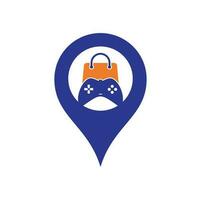 Game shop map pin shape concept vector logo. design. Shopping bag combination joystick icon vector design.