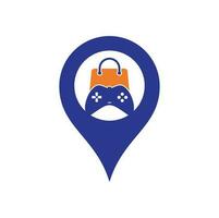 Game shop map pin shape concept vector logo. design. Shopping bag combination joystick icon vector design.