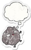 cartoon rock falling and thought bubble as a distressed worn sticker vector