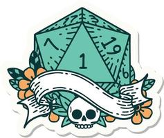 sticker of a natural one d20 dice roll vector