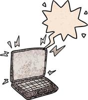 cartoon laptop computer and speech bubble in retro texture style vector