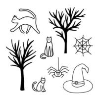 Vector Halloween doodle set. Hand drawn trees, cats, spider, web and witch hat isolated