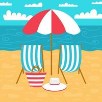 Sunny beach vector landscape illustration. Flat style summer beach with umbrella and chairs.