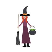 ilustración vectorial de halloween. bruja de pie con escoba y olla ilustración de dibujos animados. vector