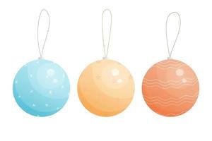 Set of three Christmas balls. Cartoon gold, blue and red balls. Vector isolated illustration