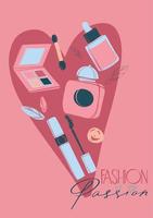 Fashion advertising with colorful cosmetics on a pink background with a heart for banner design. The beauty of the face. Makeup kit. vector